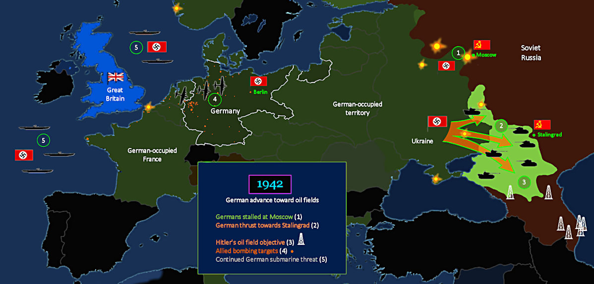 Germans move on oilfields, 1942 map
